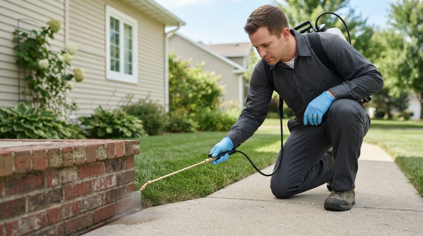 Pest control technician treating a home near Kendallville, IN