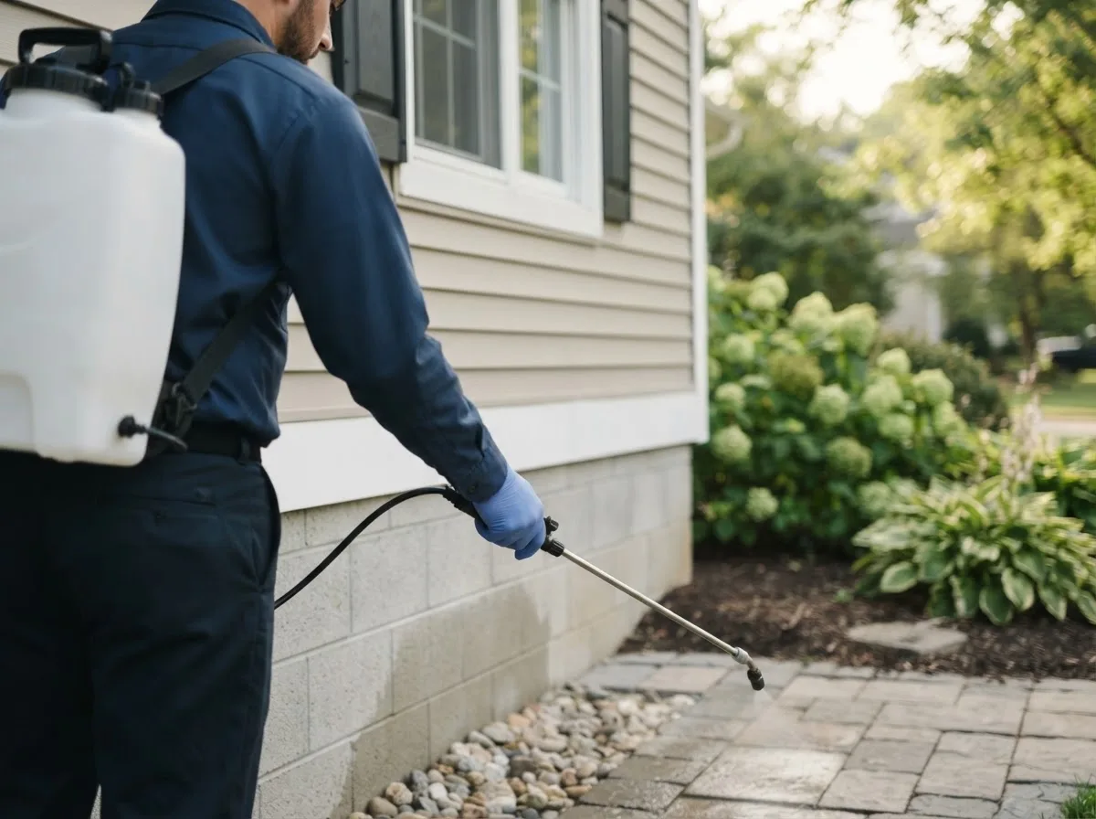 Pest control technician inspecting a home in Kendallville, IN